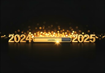 Golden 2024 Loading Bar Transitioning to 2025 Against a Sparkling Black Background