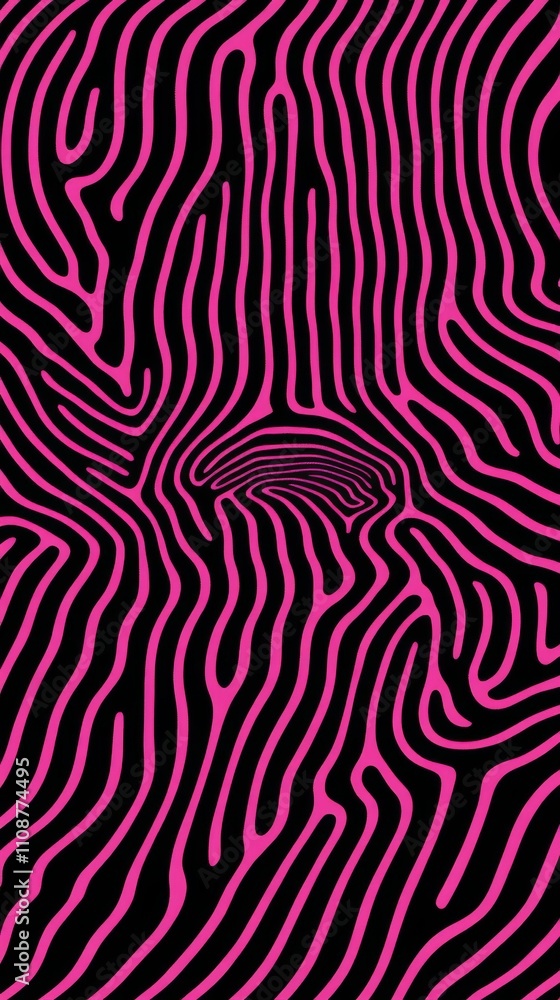 Poster abstract pattern with vivid pink lines on a deep black background, creating a mesmerizing visual eff