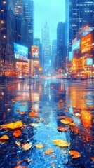 Obraz premium A vibrant cityscape at night featuring shimmering rain-soaked streets and golden autumn leaves scattered on the ground.