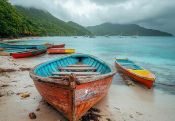Obraz premium Colorful Wooden Boats on Tranquil Beach with Dramatic Sky and Lush Green Hills in the Background, Captured in a Tropical Paradise Setting