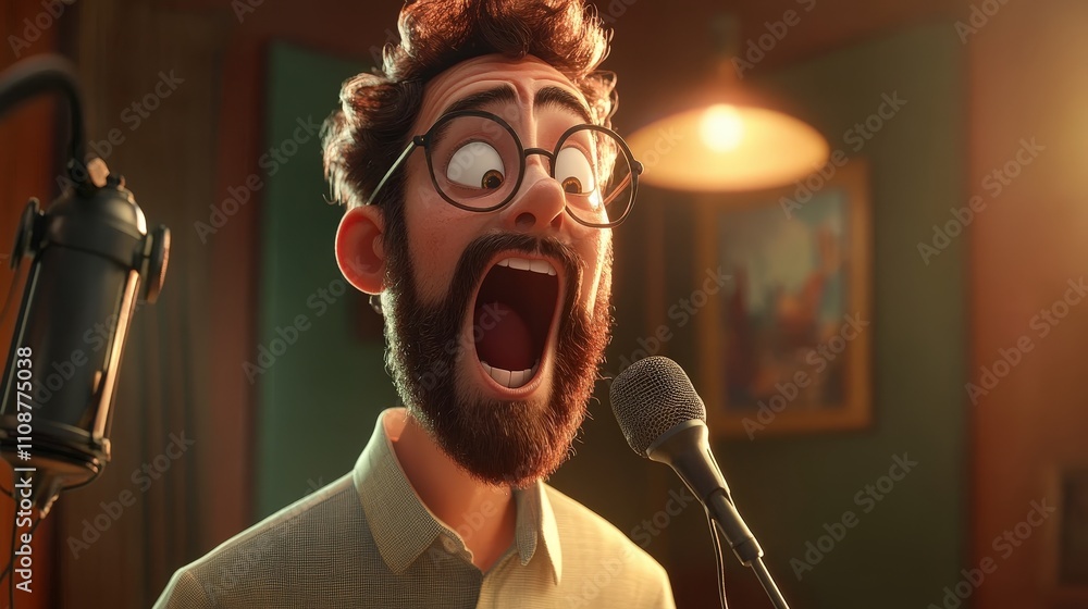 Poster a voice actor performs a dramatic scene for a cartoon, expressing exaggerated emotions and actions t
