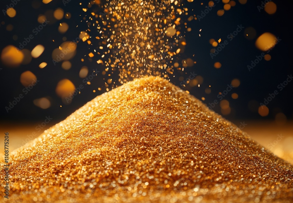 Poster Dazzling Pile of Golden Glitter Resembling a Magical Fantasy Scene with Sparkling Particles Floating Gently Against a Dark Background in an Enchanting Atmosphere