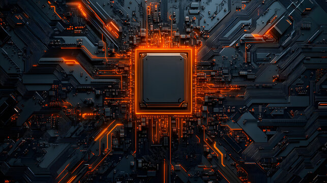 Circuit board. Technology background. Central Computer Processor CPU Concept. Motherboard digital chips. with flat style and orange light