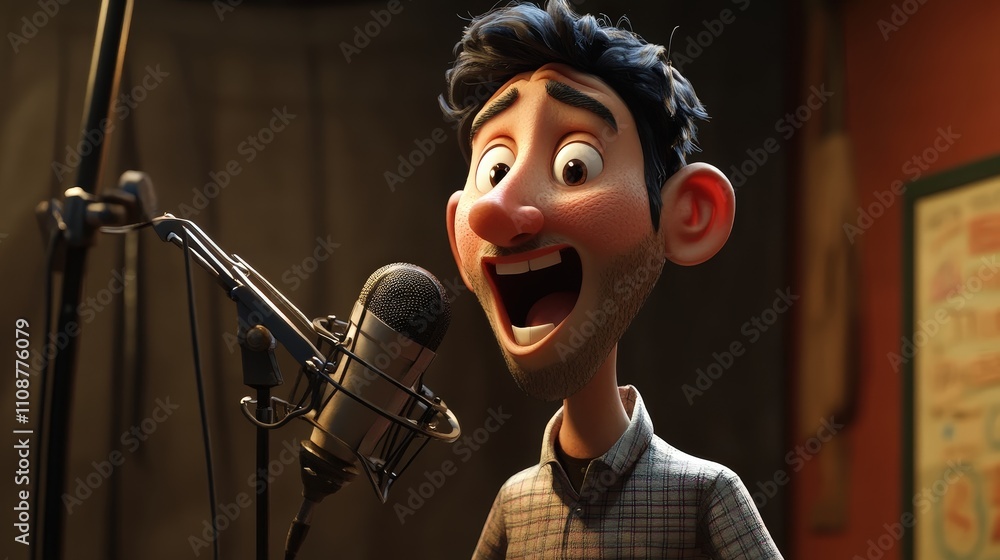 Poster a voice actor records lines for a new animated character, adjusting tone and emotion to bring the ch