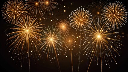 Golden fireworks exploding in night sky.