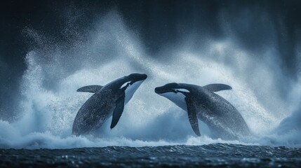 Obraz premium Two whales are breaching as waves crash around them, creating a dramatic scene in the evening light. The turbulent ocean adds a sense of movement and power to the moment.