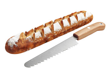 Freshly sliced baguette with a serrated knife on a kitchen counter ready for serving