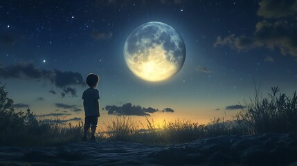 Fototapeta premium Moonlit wonder boy gazing stars serene peaceful tranquil night Illustration