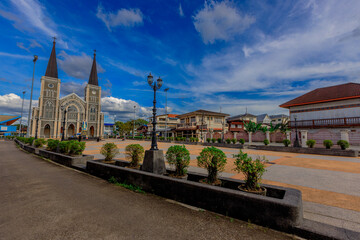 Background of the tourist attractions along the Chanthaburi River, a beautiful old Christian...