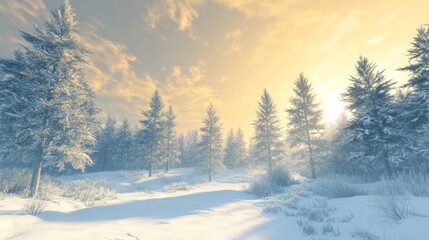 A Tranquil Winter Scene with Soft Light Illuminating the Snow, forest