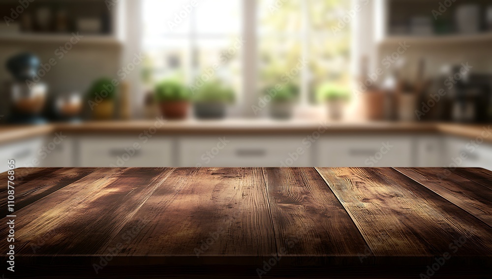 Aufkleber a rustic wooden tabletop with a blurred kitchen background, creating a warm and inviting atmosphere.