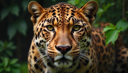 Obraz premium Majestic Jaguar Portrait with Intense Gaze Against Blurred Natural Habitat