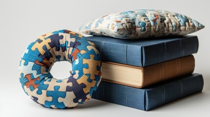 Fototapeta premium A stack of puzzle books with a neck pillow beside them, symbolizing relaxing brain exercises, isolated on white