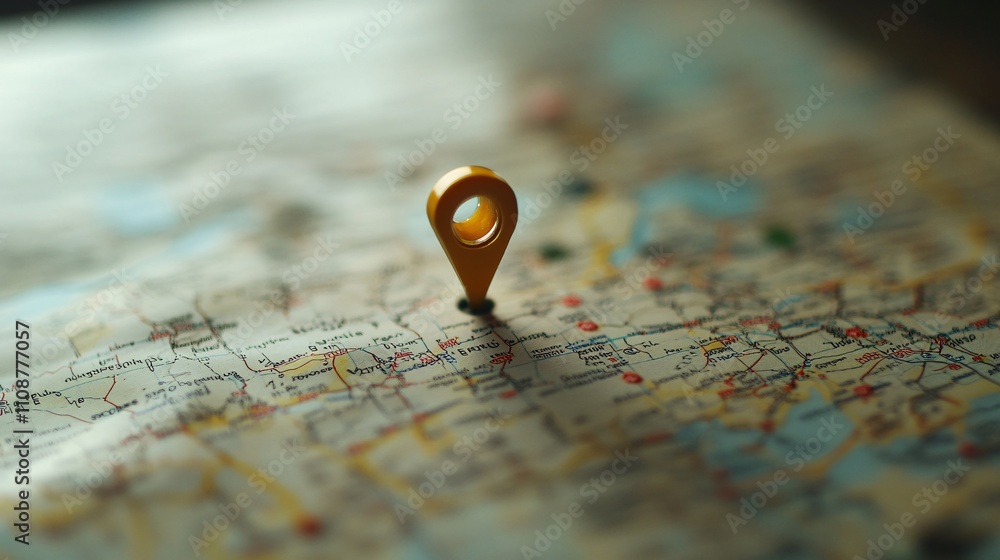 Poster golden location pin pointing a specific place on blurred road map