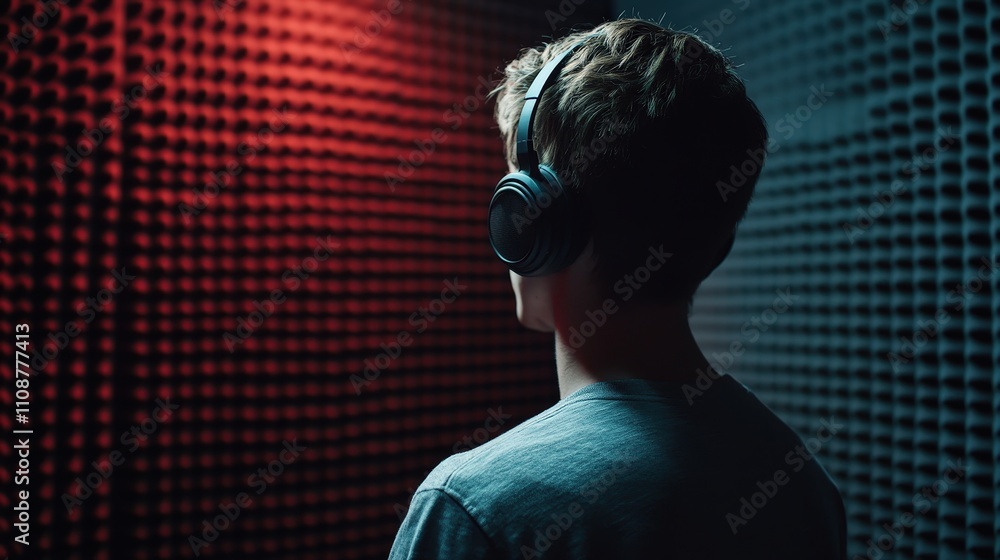 Poster a voice actor uses a soundproof booth or isolation shield to block out ambient noises and capture on