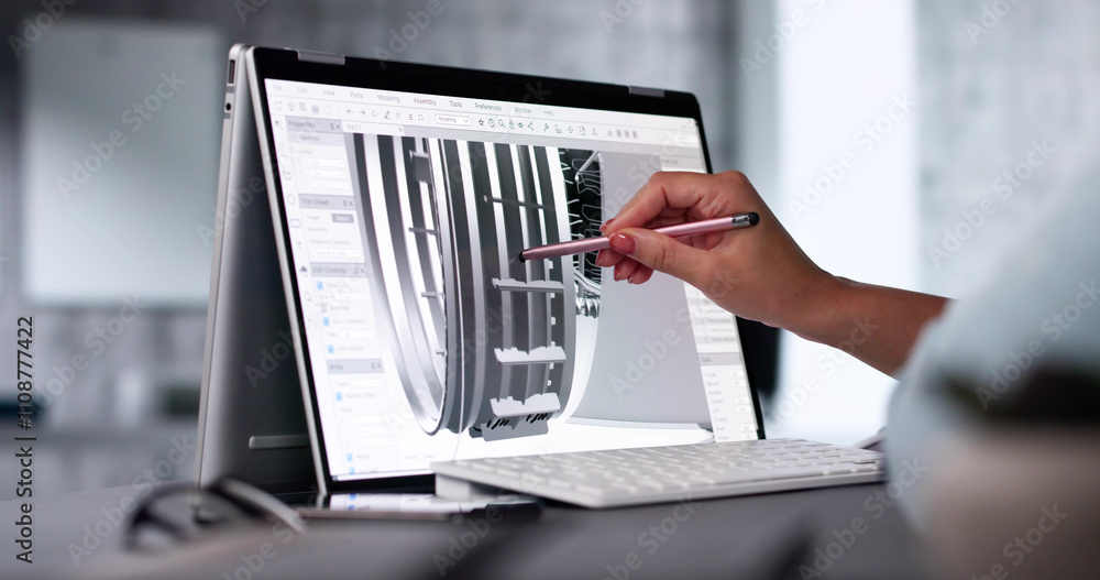Poster female engineer developing mechanical parts using 3d cad software on laptop