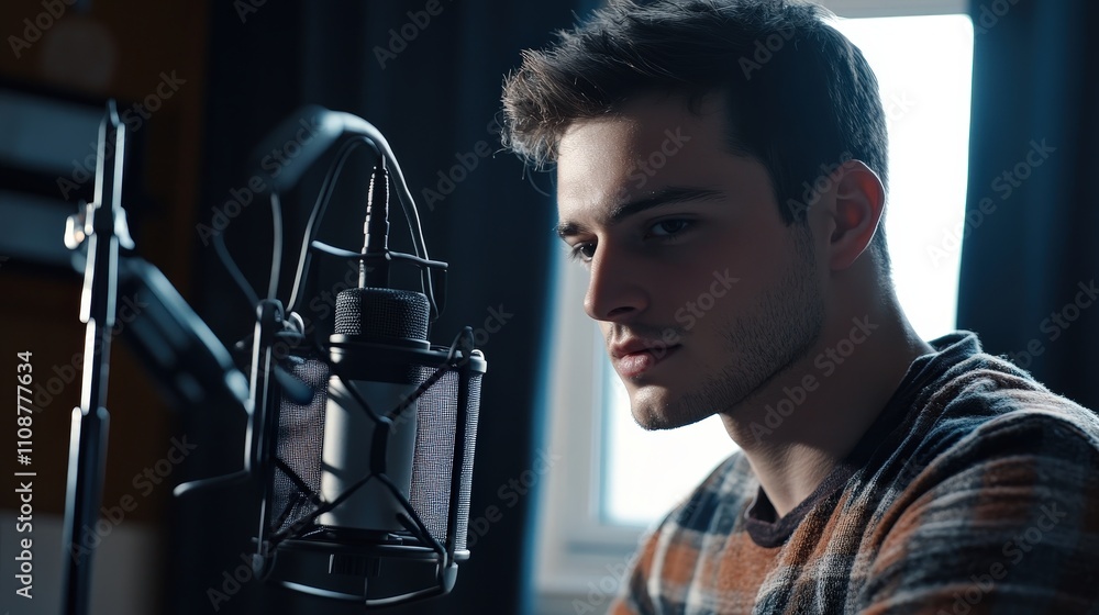 Poster a voice actor uses a usb microphone for a convenient and portable setup, ensuring high-quality recor