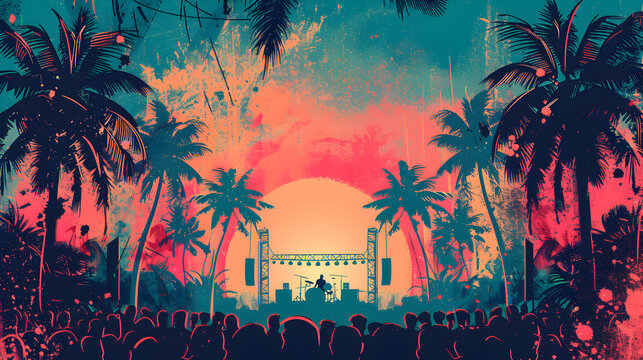 Tropical Sunset Concert  Silhouette Crowd at Outdoor Music Festival