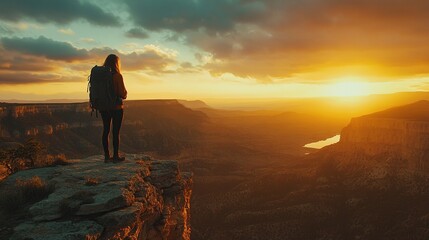 Fototapeta premium A hiker stands on a cliff at sunset, overlooking a vast landscape with a river.