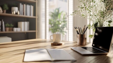 Fototapeta premium Wooden desk with laptop, coffee and open notebook for working at home