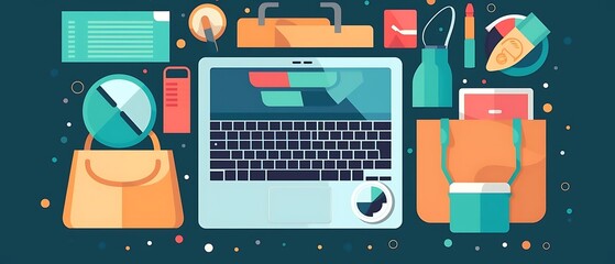 Fototapeta premium Laptop, bags, stationery, and cosmetic items on a dark background.