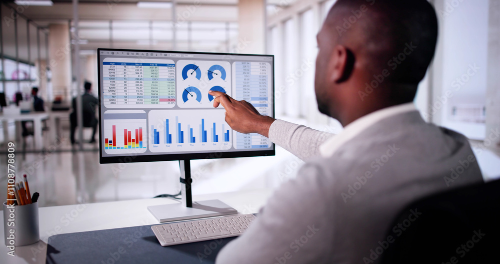 Poster african american man analyzing financial data on computer screen