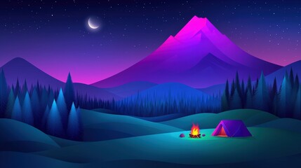 Obraz premium Night Camping Scene Mountains Forest Tent Campfire Stars