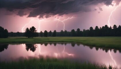 Una tormenta dramática con nubes oscuras, fuertes lluvias y potentes relámpagos caen sobre un campo de hierba cerca de una masa de agua