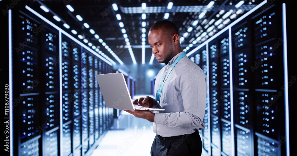 Aufkleber happy engineer in data center server room configuring ai