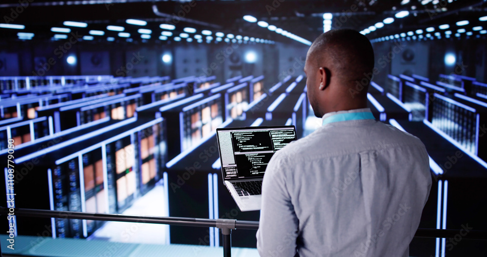 Aufkleber happy engineer in data center server room configuring ai