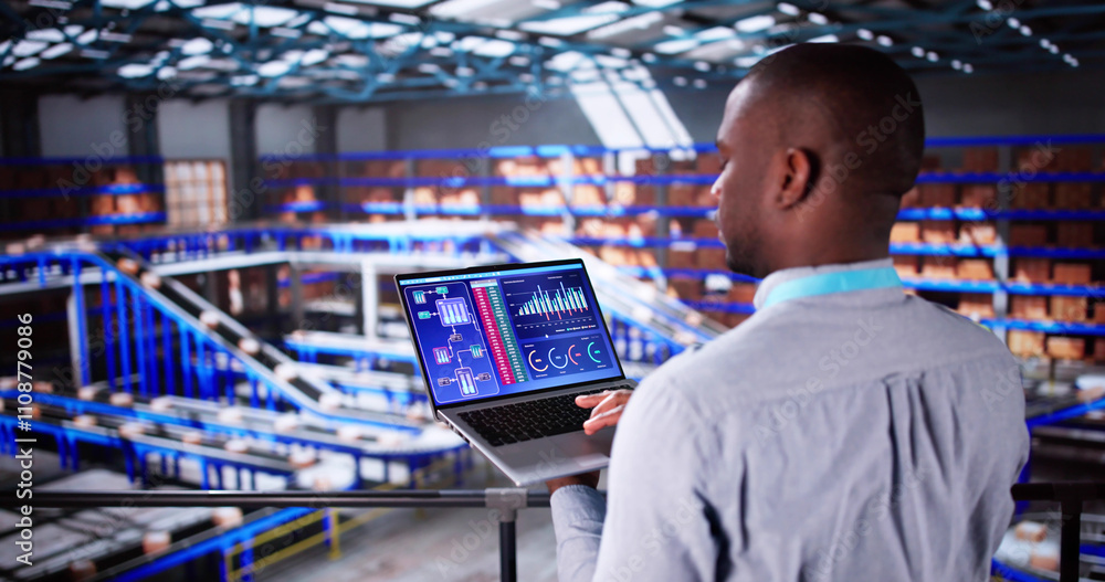 Poster engineer worker using warehouse automation dashboard