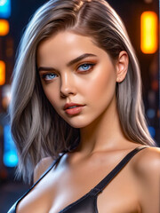 Fototapeta premium Portrait of a Beautiful Woman with Gray Hair and Blue Eyes.