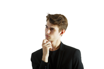 Young man in formalsuit with hand on chin, gazing thoughtfully to the side on a plain white background. Concept of thinking, decision-making
