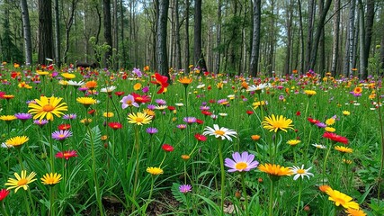 Fototapeta premium colorful wildflowers in a forest clearing, flowering plants, leafy greens