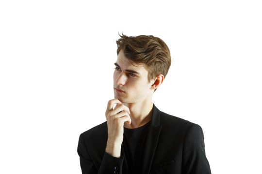 Young man in formalsuit with hand on chin, gazing thoughtfully to the side on a plain white background. Concept of thinking, decision-making
