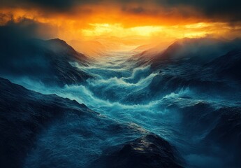 Fototapeta premium Dramatic Seascape at Sunset with Turbulent Waves and Fiery Sky Filling the Horizon, Capturing the Beauty and Power of Nature's Elements in Turmoil