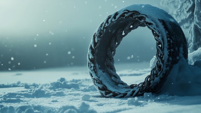 A wheel with snow chains tightly wrapped around it, set in a snowy outdoor environment
