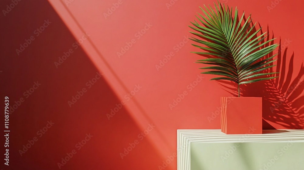 Poster Green palm leaf standing on red cube over white surface with red background and window light creating shadows