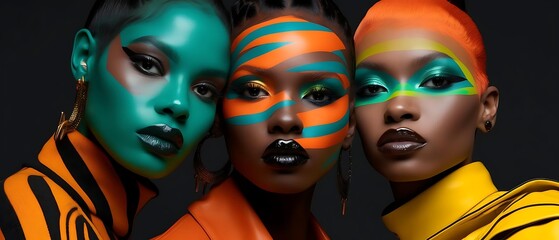 Obraz premium Three models with vibrant, abstract face paint in teal, orange, and yellow.