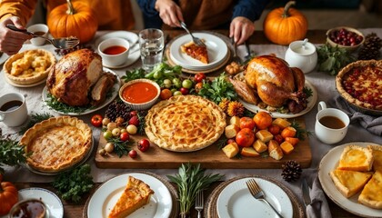 A table filled with festive Thanksgiving dishes