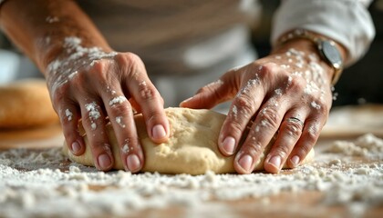 Fototapeta premium A chef’s hands rolling out dough on a floured surface.