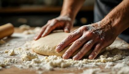 A chef’s hands rolling out dough on a floured surface.