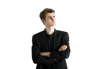 Man insuit posing with arms crossed, thoughtful expression, isolated on white background, concept of confidence and contemplation