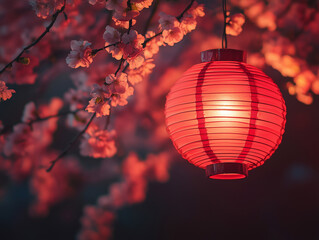 Obraz premium A close-up of a glowing red lantern hanging from a branch of blooming plum flowers against a dark, bokeh-filled background, creating a serene and festive feel.