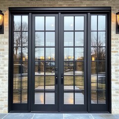 Fototapeta premium French-style double doors with black metal frames, clear glass, symmetrical design