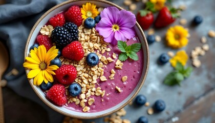 A vibrant bowl of smoothie topped with granola, fresh berries, and edible flowers