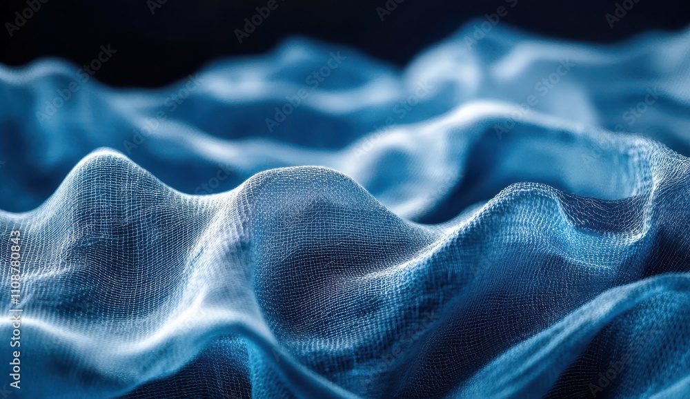 Poster elegant blue fabric waves in soft focus with depth and texture, capturing the fluidity and movement 