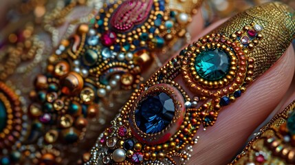 Close-up of intricately decorated fingers adorned with colorful jewels and gold accents.
