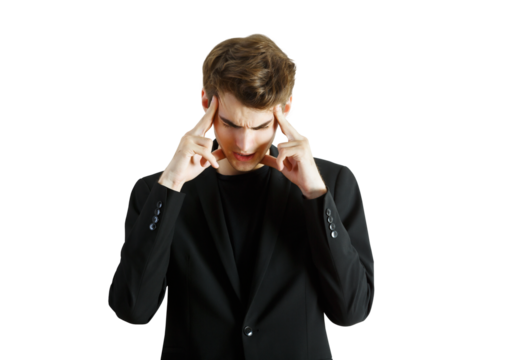 Young man wearing asuit and focusing with fingers on his temples in a close-up view, isolated on a white background, concept of concentration