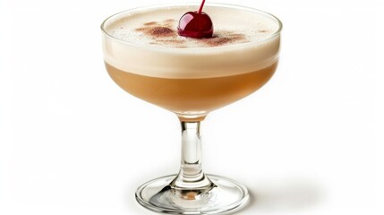 A whiskey sour in a short glass with a cherry on top, isolated on white background
